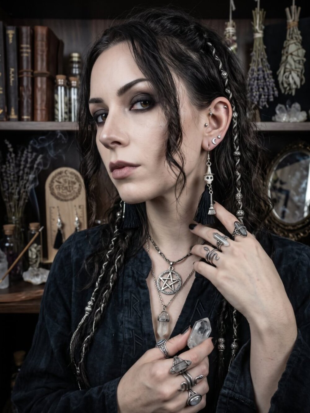Handmade Skull Witch Hat Earrings with Black Tassels & Broom Charm